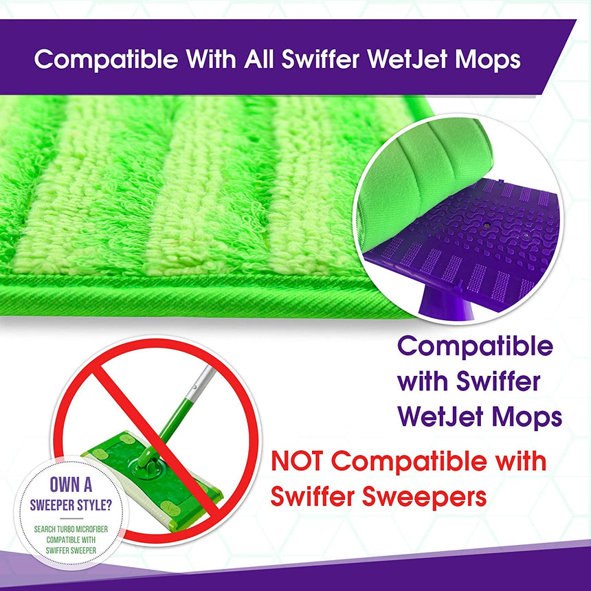 Reusable Floor Mop Pads - Swiffer Wet Jet Compatible Refills 2 Pack -  Machine Washable, 12-inch Microfiber Mop Swiffer Wet Pads - Eco-Friendly