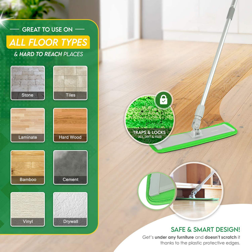 Flammi Microfiber Mop Floor Cleaning System - Washable Pads Perfect Cleaner for Hardwood, Laminate & Tile
